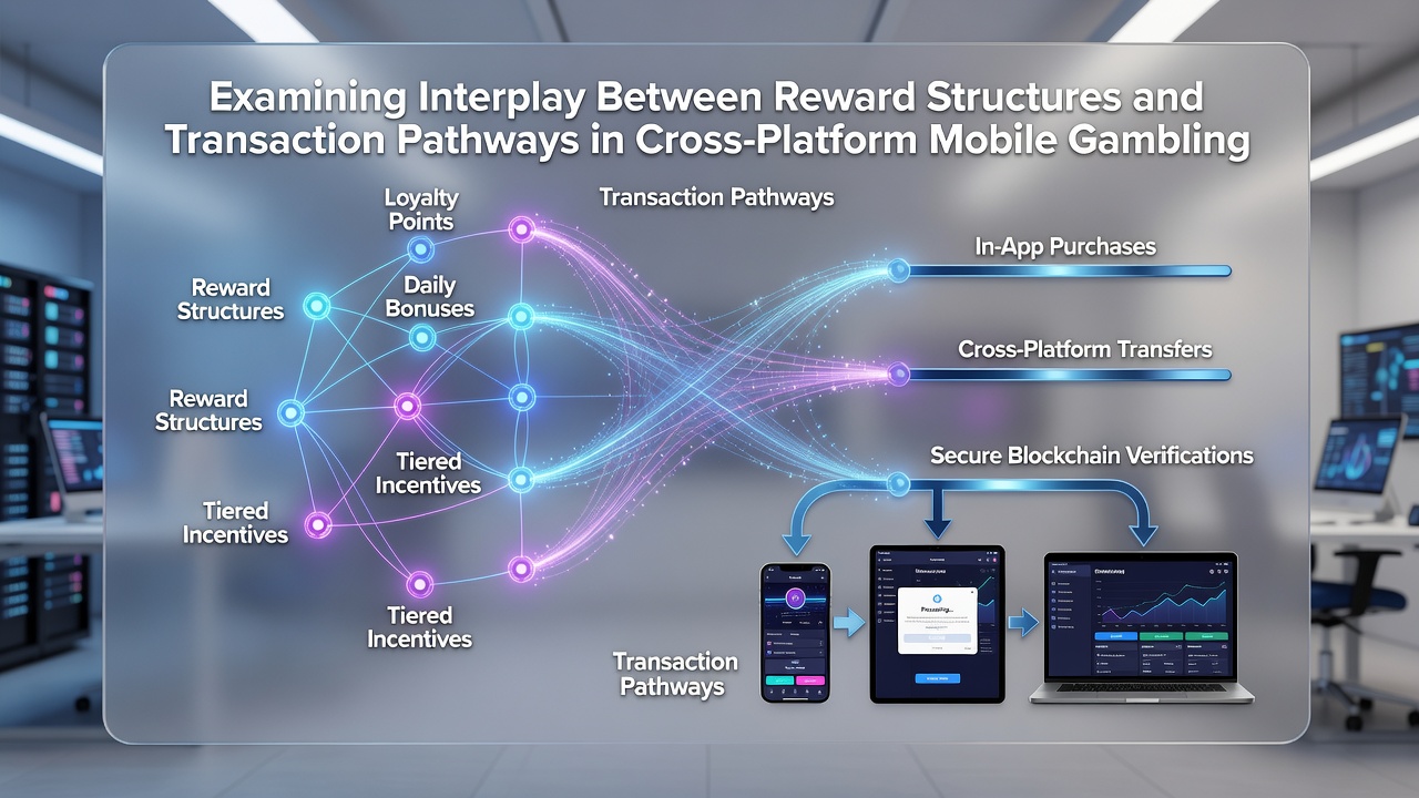 Illustration of cross-platform mobile interfaces displaying reward and payment synchronization