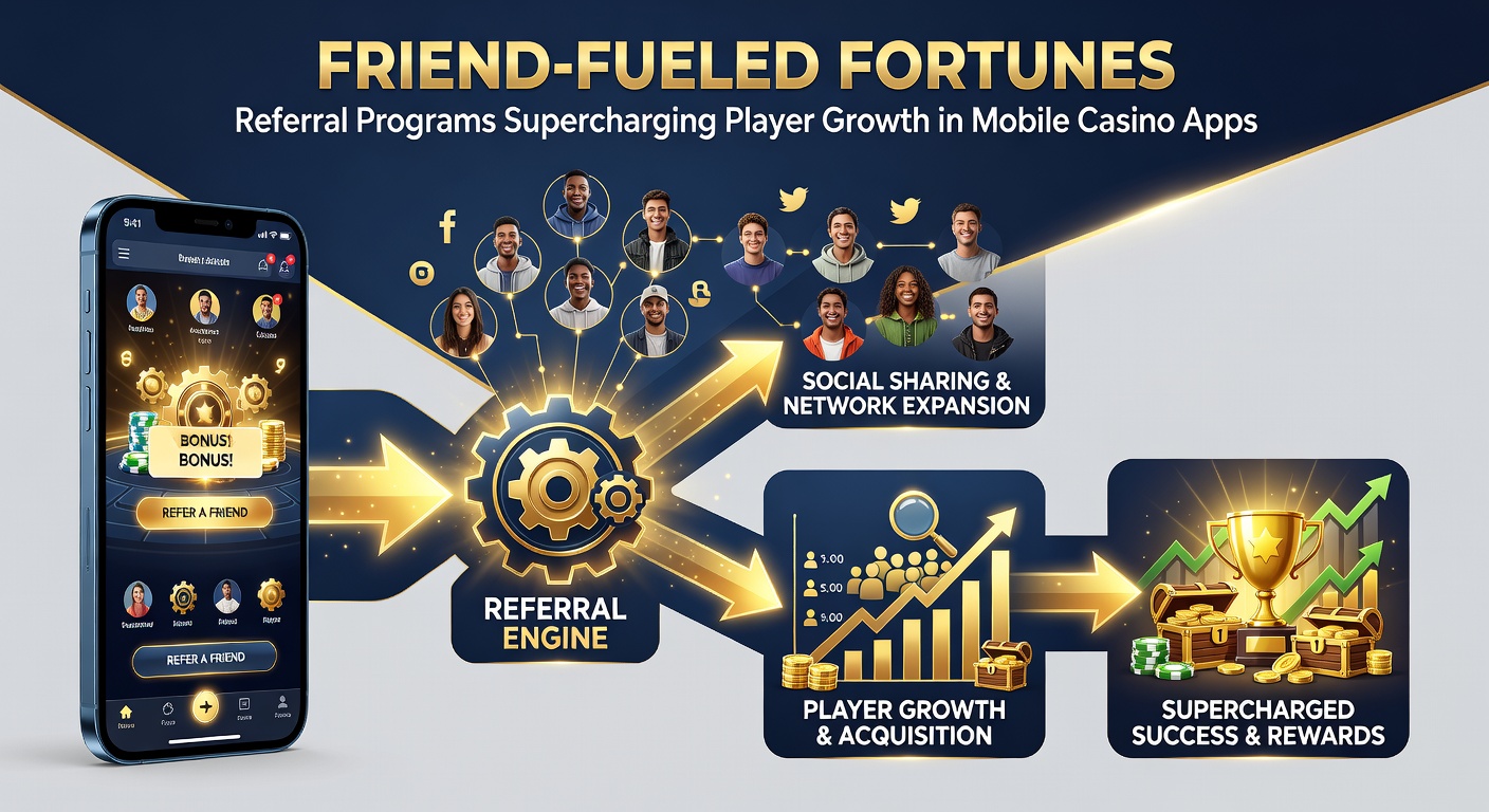 Dynamic chart displaying upward-trending graphs of player growth metrics fueled by referral programs in mobile casino apps, with icons of sharing networks and bonus explosions