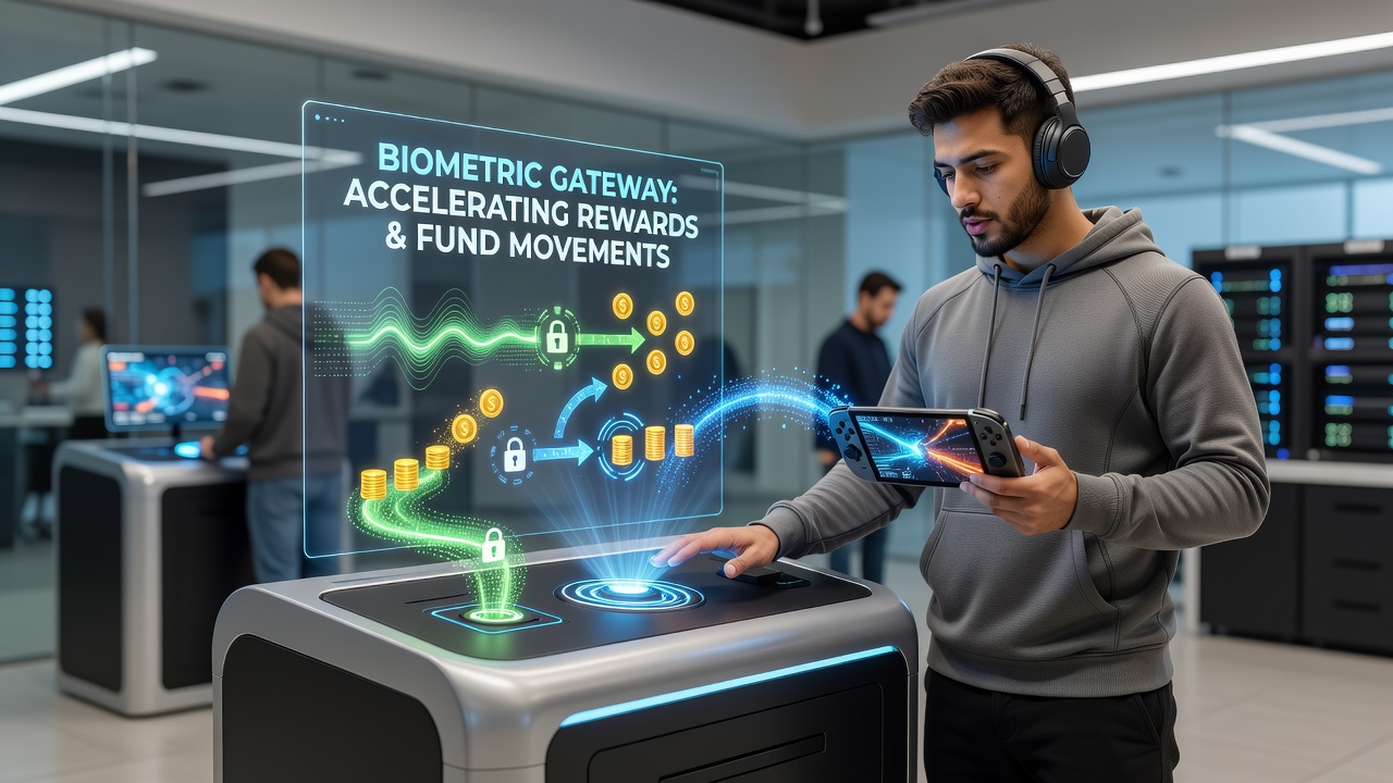 Secure biometric payment flow diagram illustrating instant fund movements and reward credits on portable gaming devices