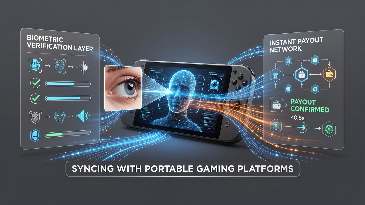 Secure data flow diagram illustrating biometric template matching connected to real-time payout processing on portable devices