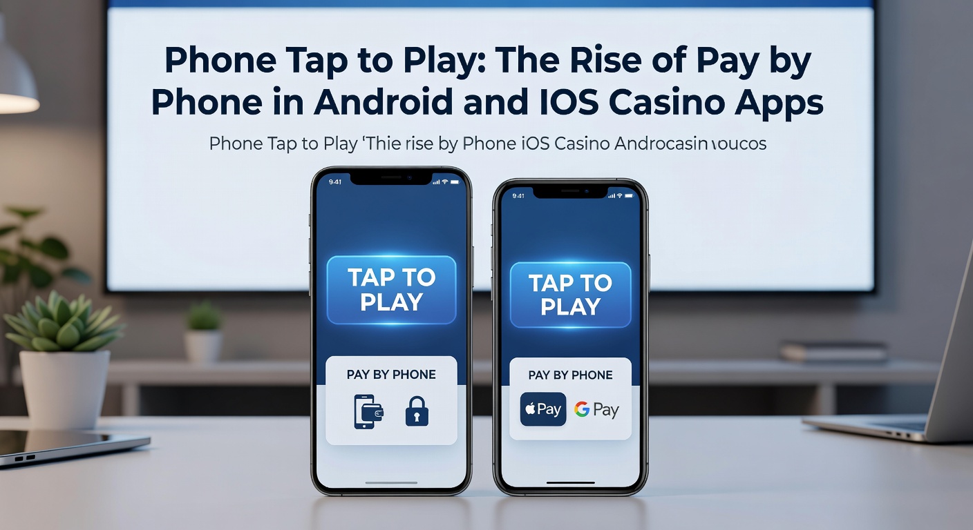 Split-screen comparison of Android and iOS casino apps showing pay-by-phone deposit flows, with security icons and carrier logos