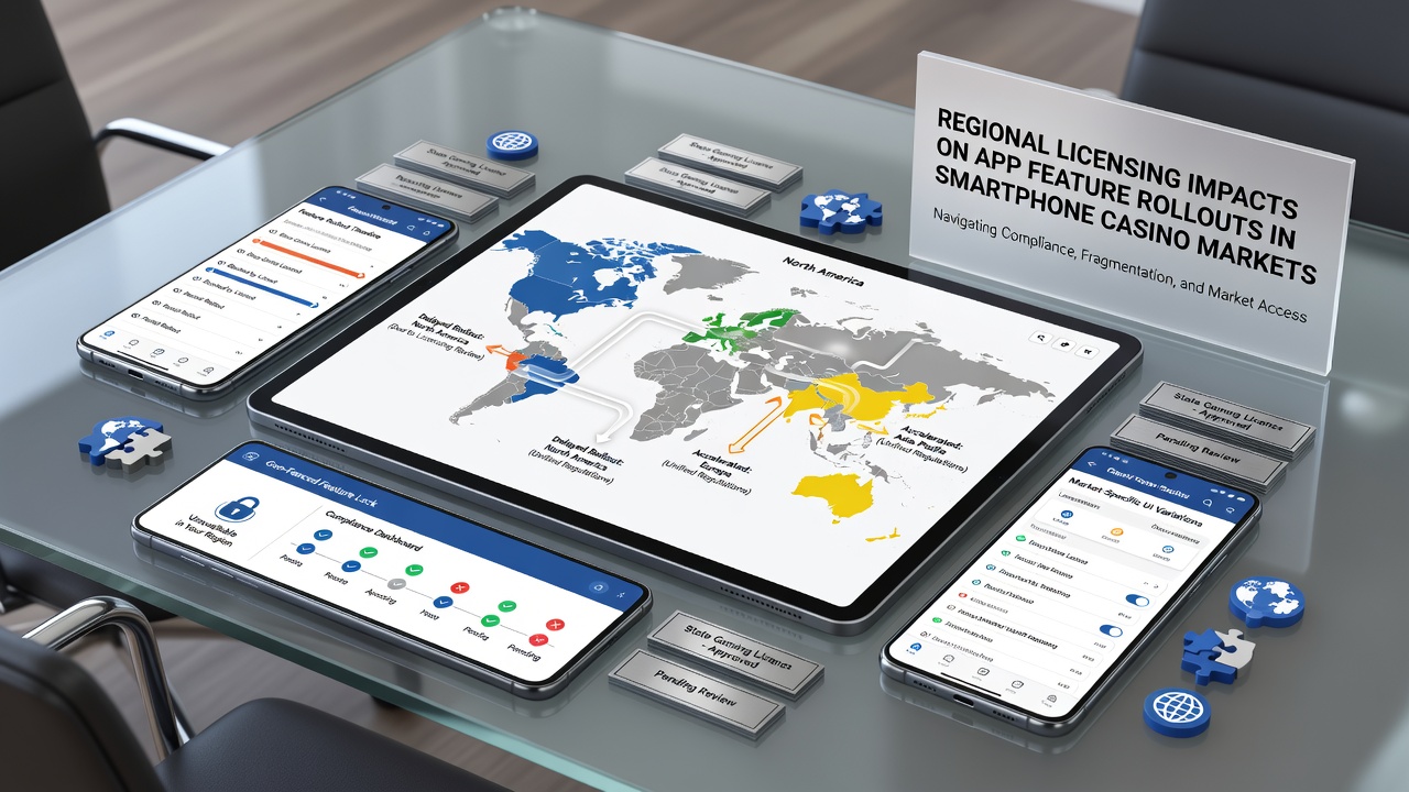 Developers reviewing compliance documents and smartphone screens showing varied casino app features across different regions