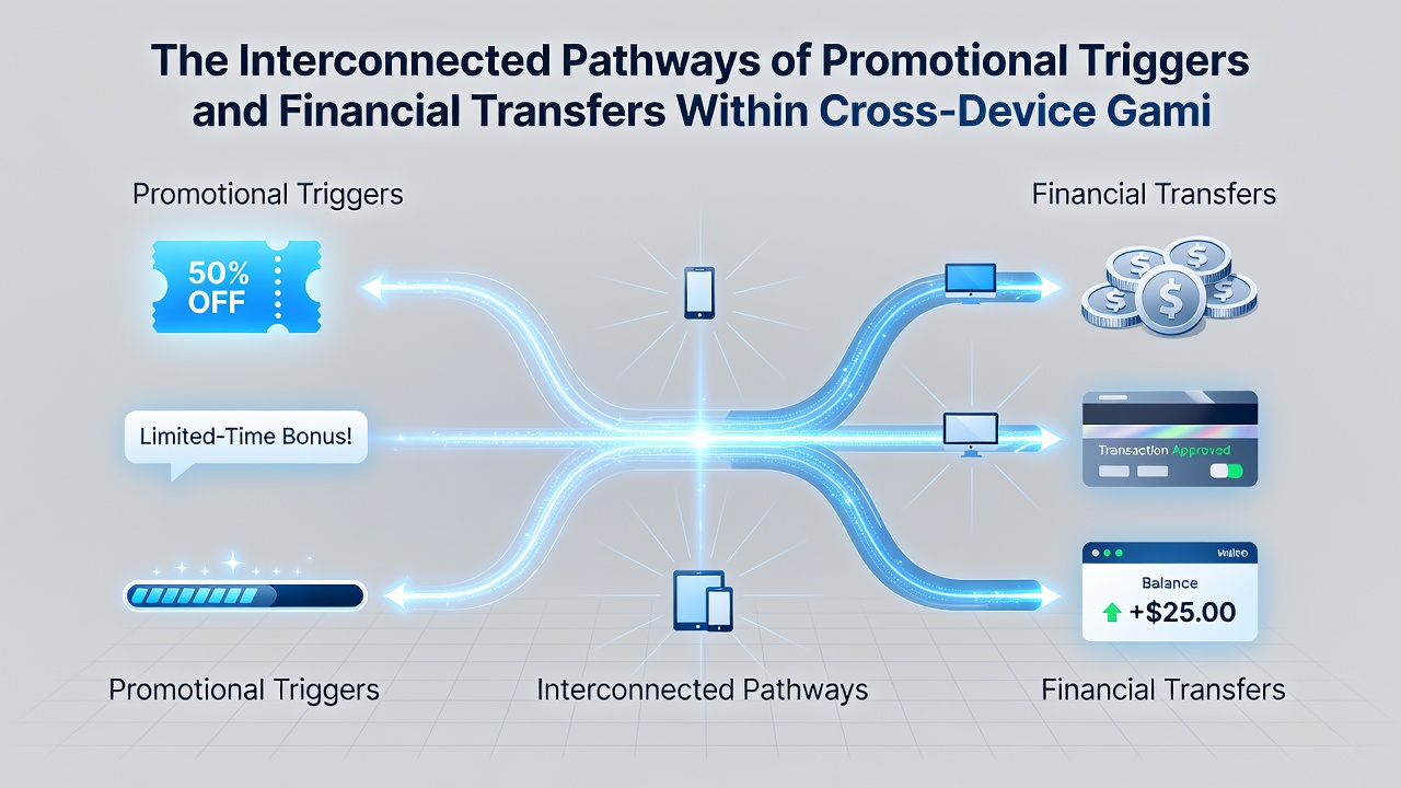 Diagram illustrating financial transfer pathways triggered by promotions in cross-device gaming apps