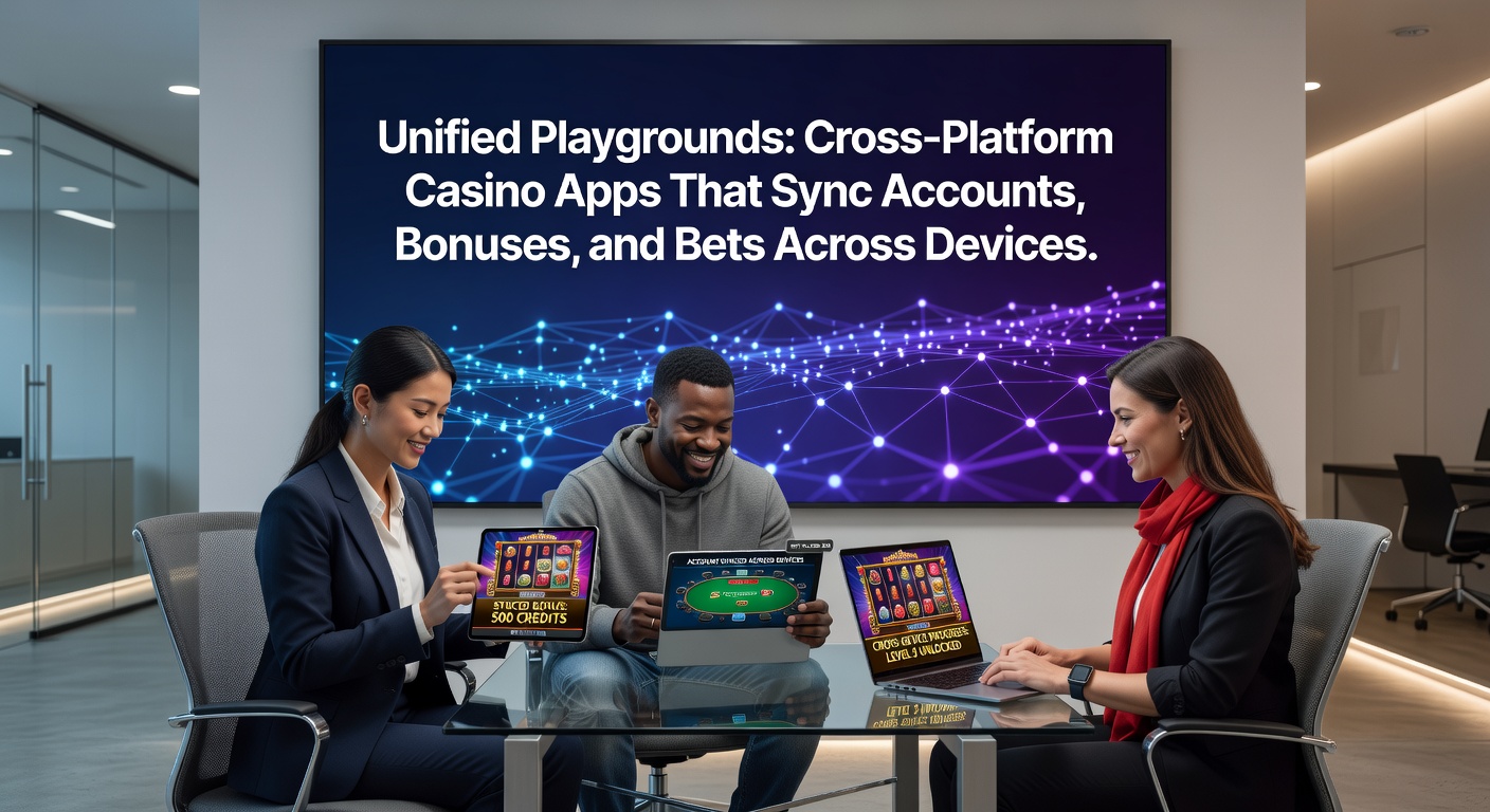 Laptop, phone, and tablet side-by-side showing identical casino dashboards with synced account details and active bonuses